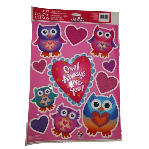 Valentine's Color Clings 11 Ct. Owl Always Love You Heart Glitter Window Decor - Picture 1 of 6
